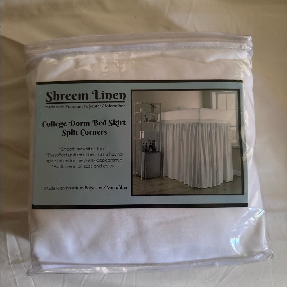 Shreem Linen College Dorm White Bed Skirt with Split Corners for Twin XL